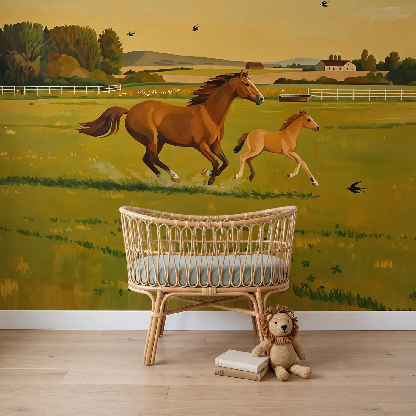 Modern illustration horse countryside wallpaper mural for kids room by Whimsy Tots