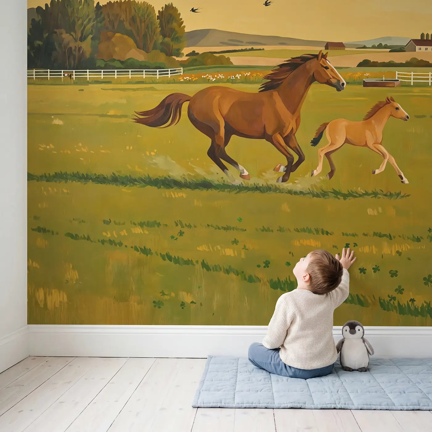 Child in nursery with Galloping Mare and Foal Wallpaper Mural by Whimsy Tots
