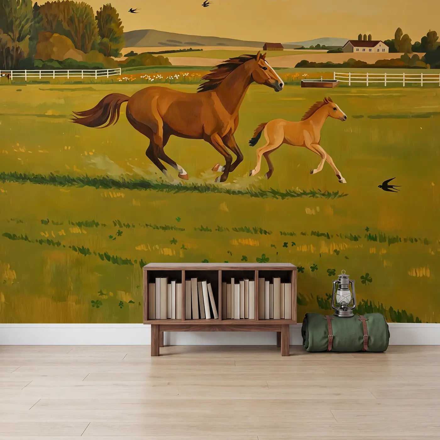 Galloping Mare and Foal Wallpaper Mural in playroom setting by Whimsy Tots