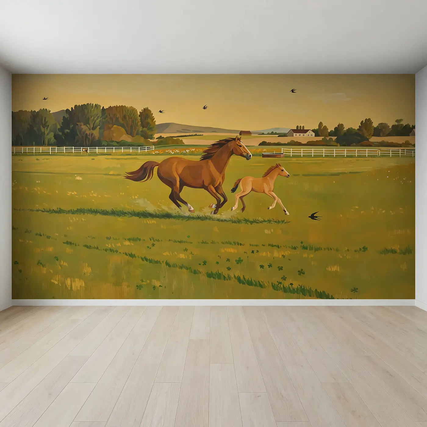 Full view of Galloping Mare and Foal Wallpaper Mural by Whimsy Tots