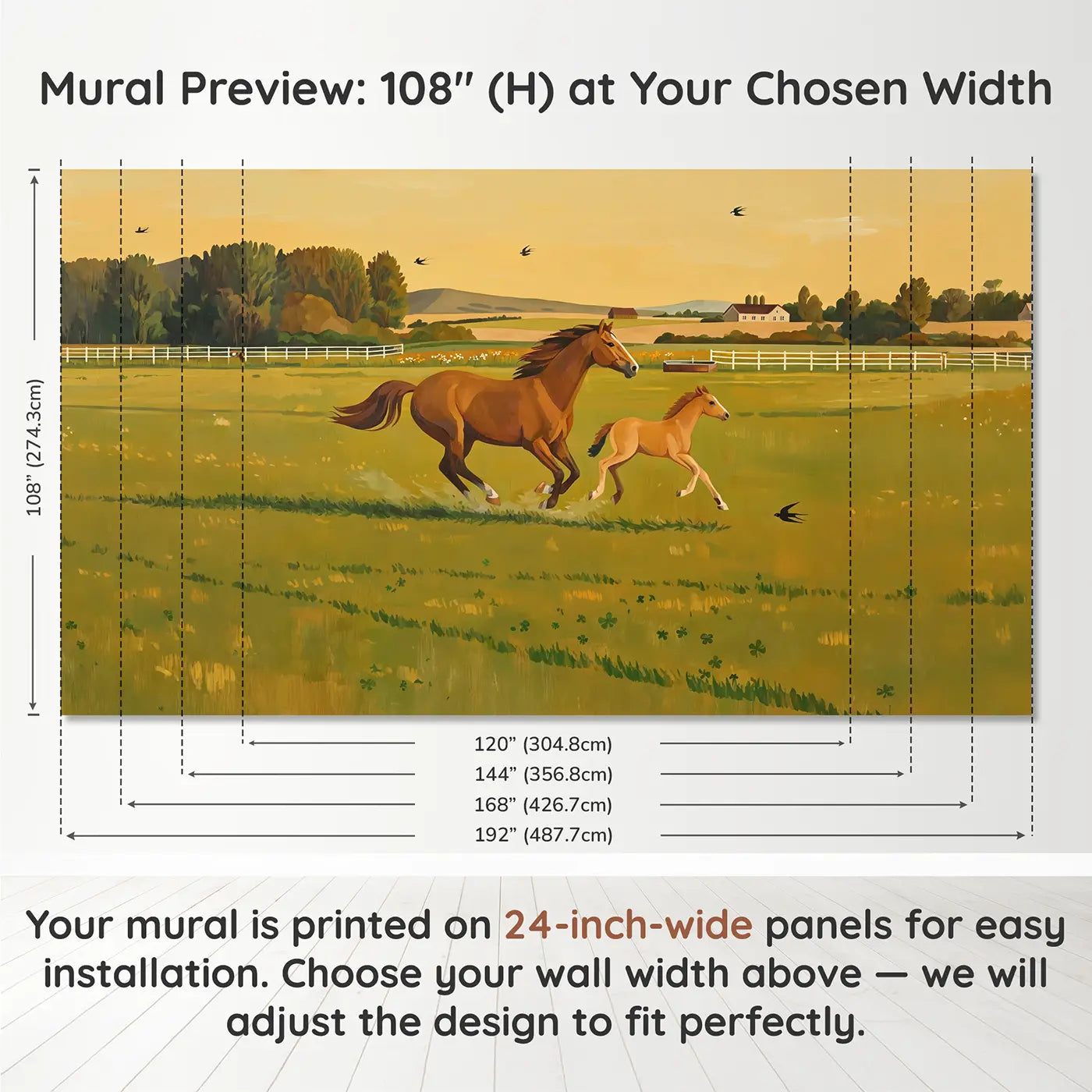 Panel layout and dimensions for Galloping Mare and Foal Wallpaper Mural by Whimsy Tots