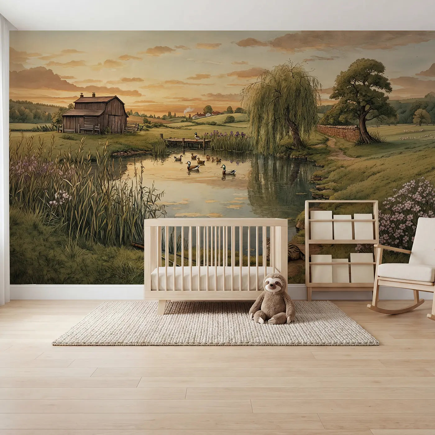 Storybook farm pond willow evening wallpaper mural for nursery by Whimsy Tots