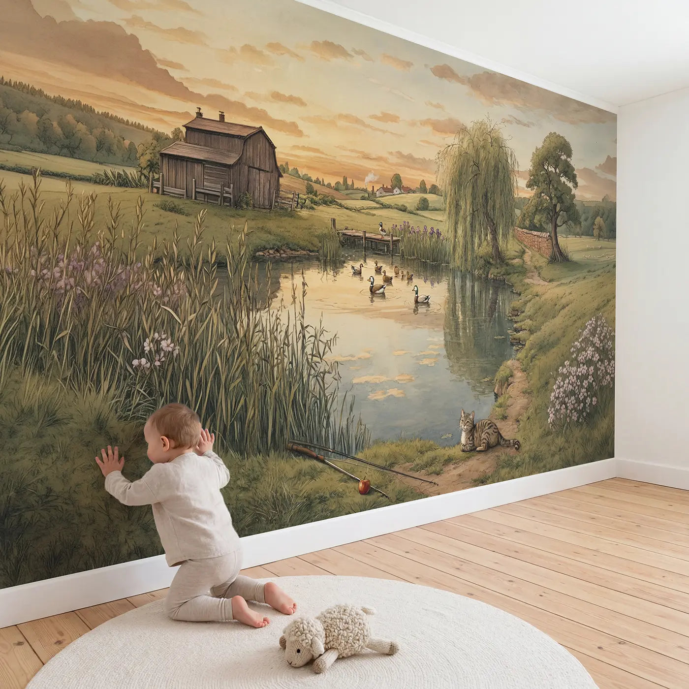 Child in nursery with Farm Pond Willow Evening Wallpaper Mural by Whimsy Tots