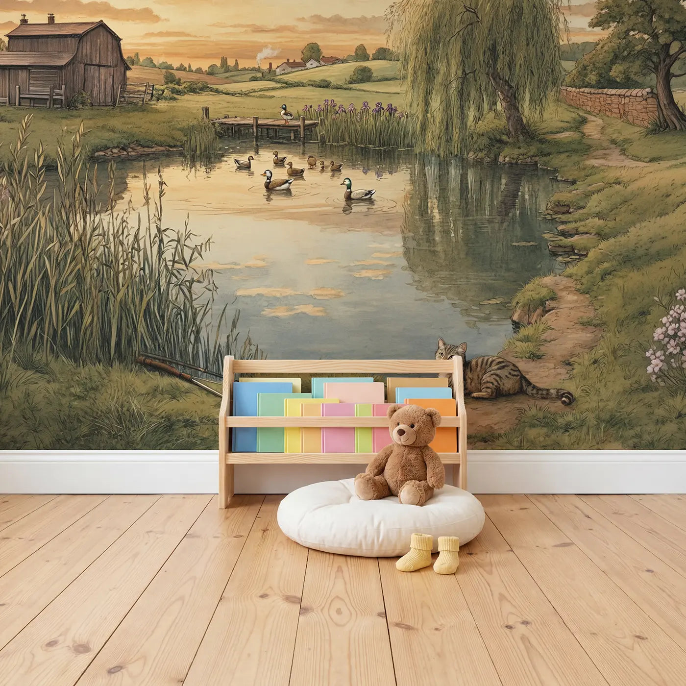 Farm Pond Willow Evening Wallpaper Mural in playroom setting by Whimsy Tots