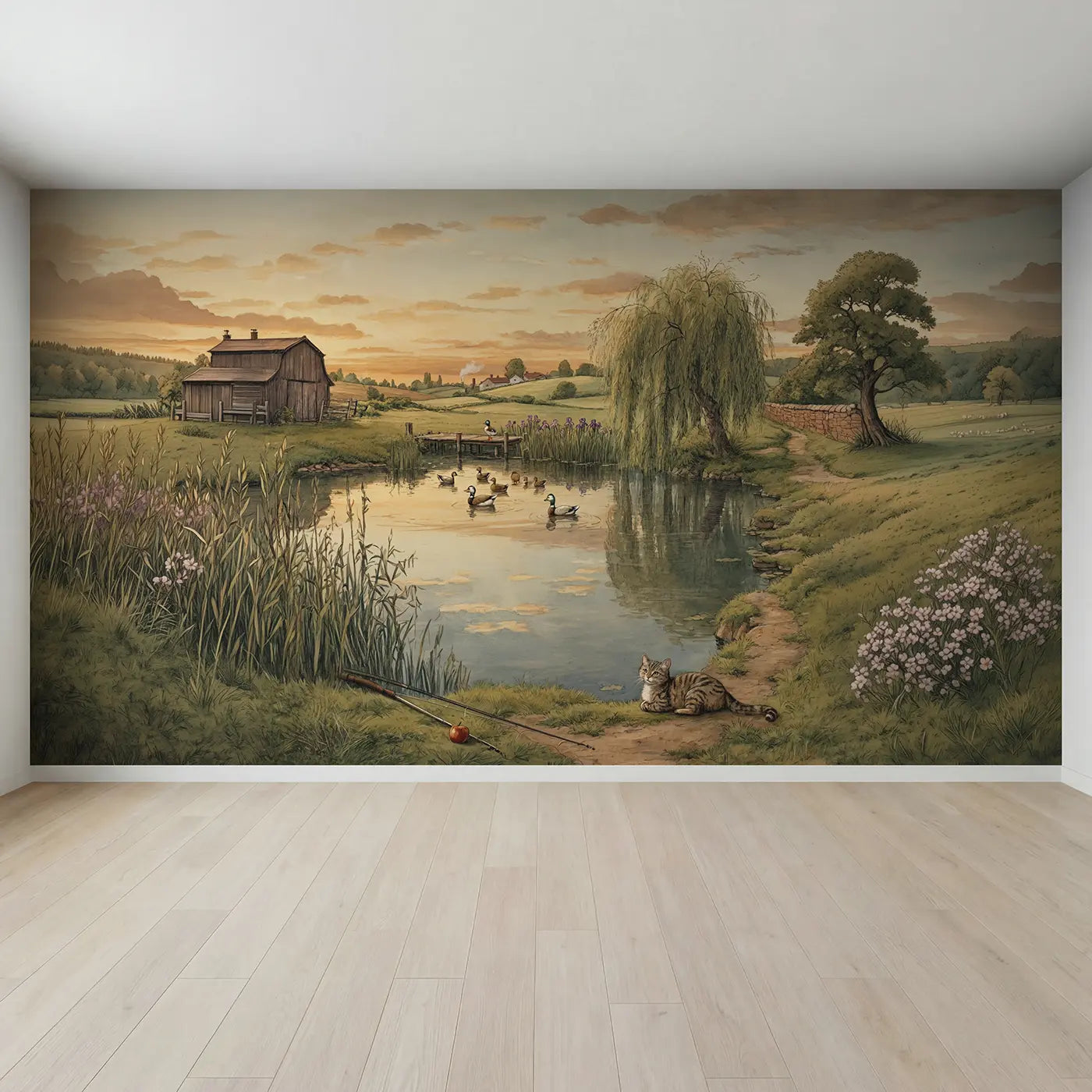 Full view of Farm Pond Willow Evening Wallpaper Mural by Whimsy Tots