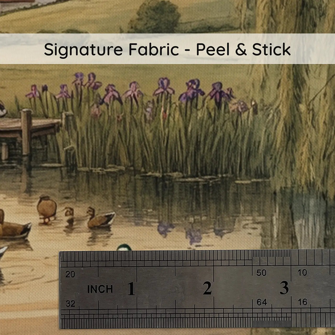 Fabric texture close-up of Farm Pond Willow Evening Wallpaper Mural by Whimsy Tots