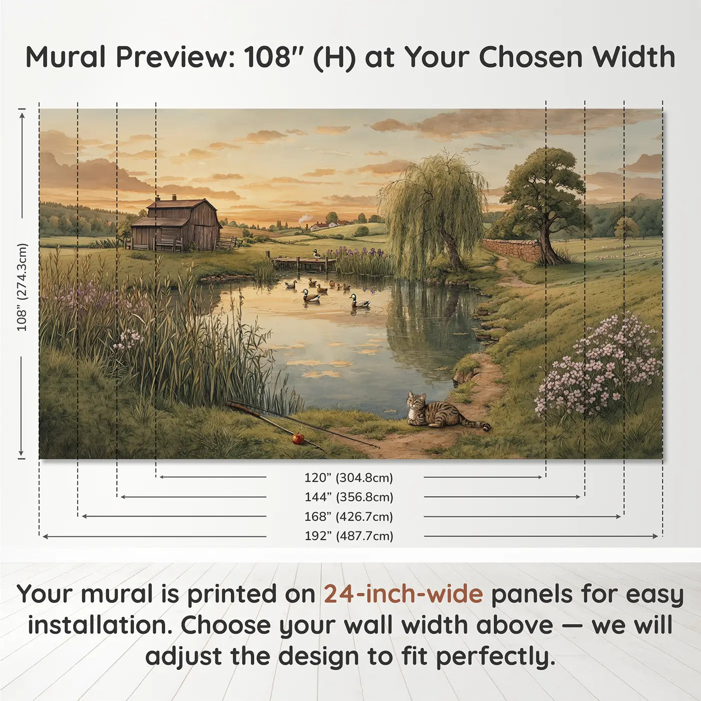 Panel layout and dimensions for Farm Pond Willow Evening Wallpaper Mural by Whimsy Tots