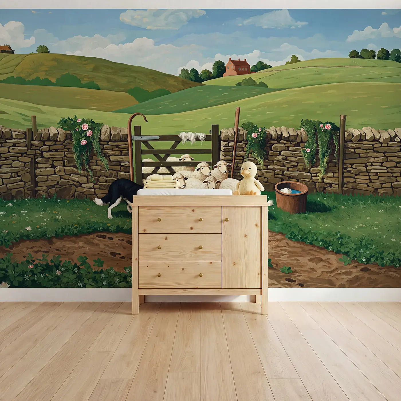 Modern illustration sheepdog herding sheep farm wallpaper mural for kids room by Whimsy Tots