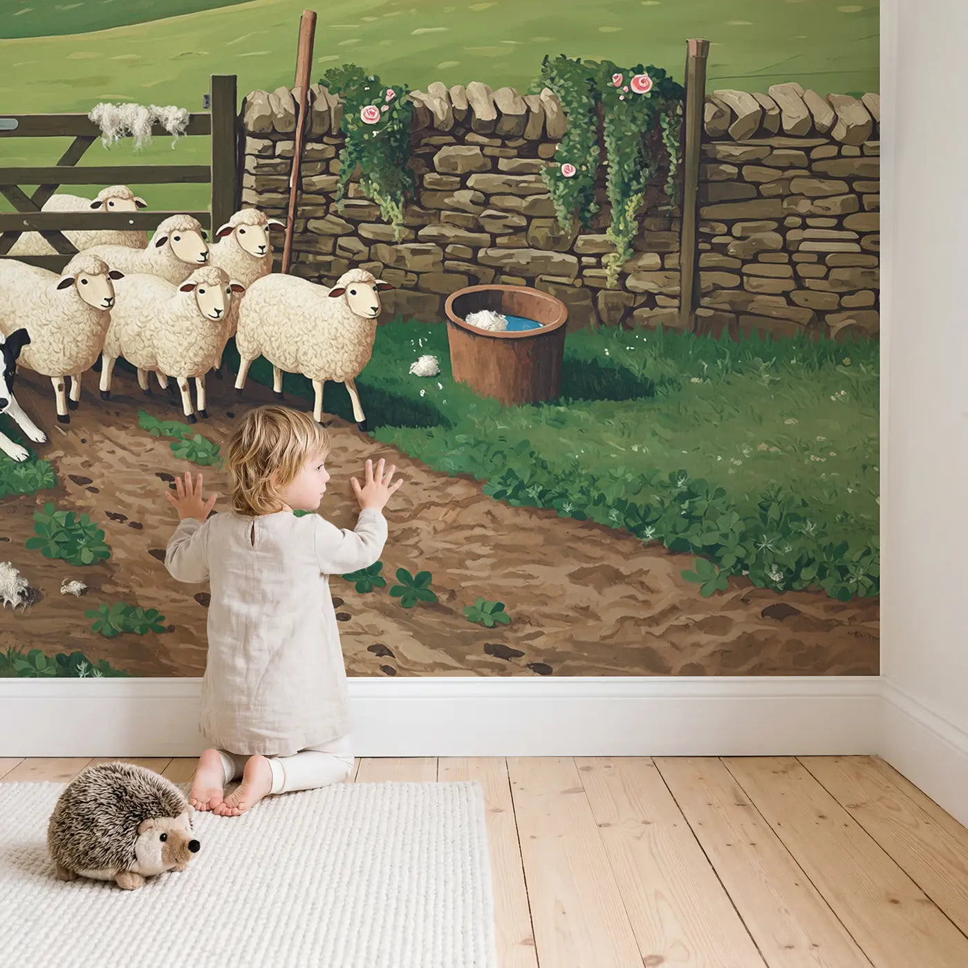 Child in nursery with Sheepdog Herding Through Gate Wallpaper Mural by Whimsy Tots