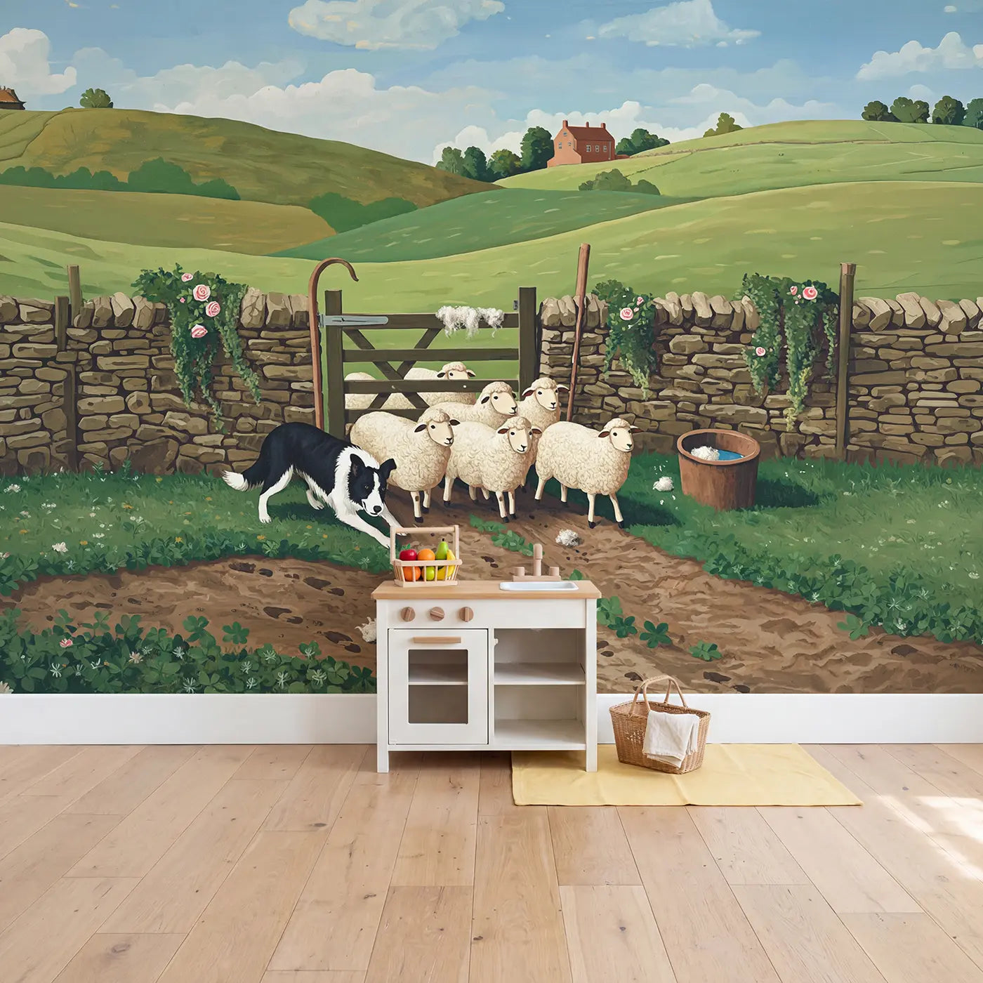 Sheepdog Herding Through Gate Wallpaper Mural in playroom setting by Whimsy Tots