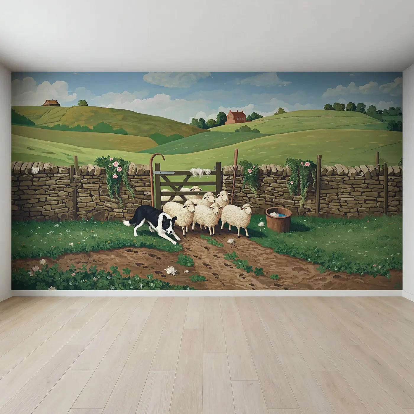 Full view of Sheepdog Herding Through Gate Wallpaper Mural by Whimsy Tots