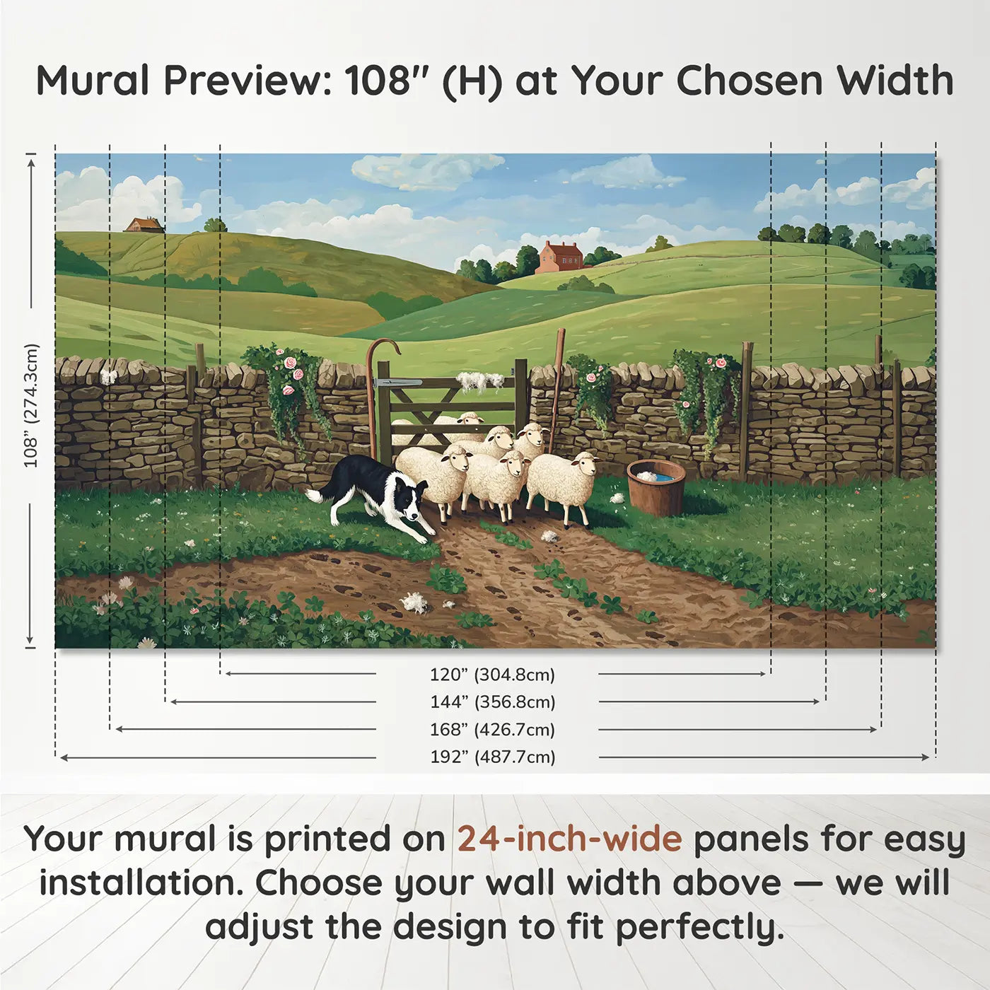 Panel layout and dimensions for Sheepdog Herding Through Gate Wallpaper Mural by Whimsy Tots