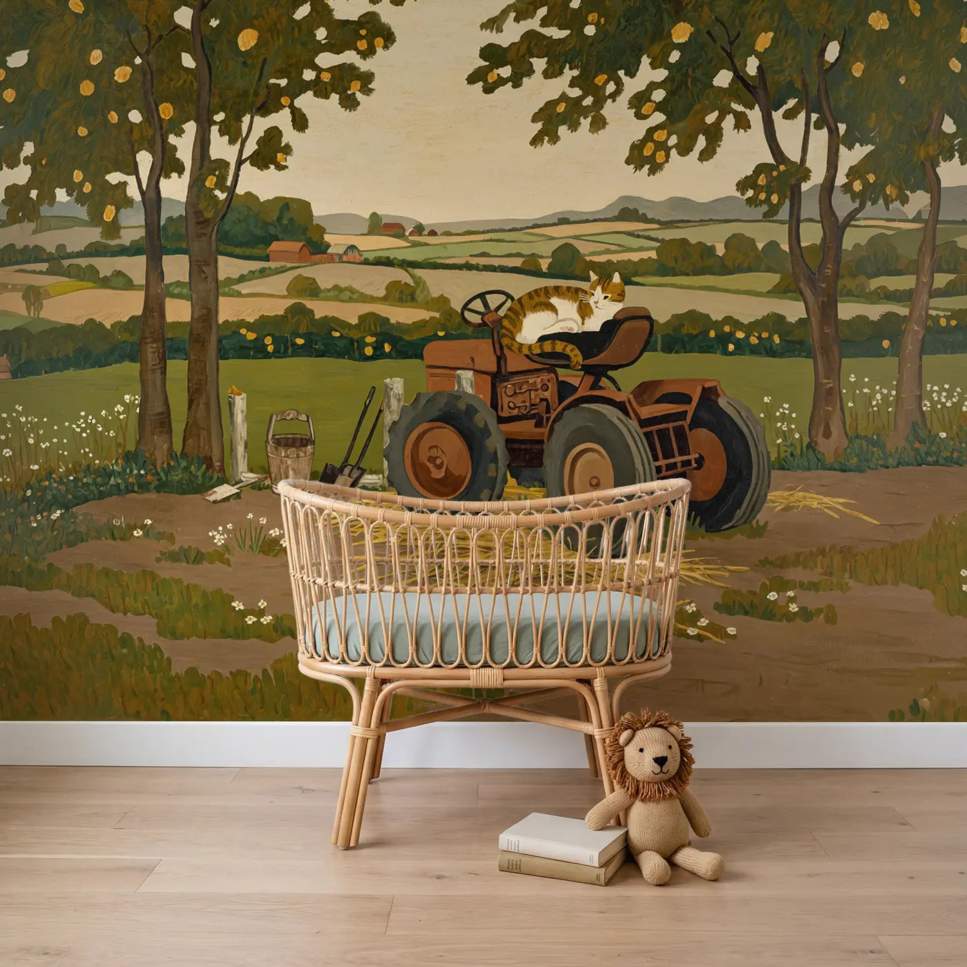 illustrated cat tractor farmyard wallpaper mural for nursery by Whimsy Tots