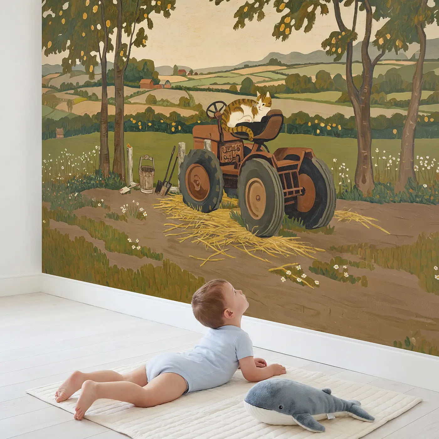 Child in nursery with Cat Curled Warm Tractor Wallpaper Mural by Whimsy Tots