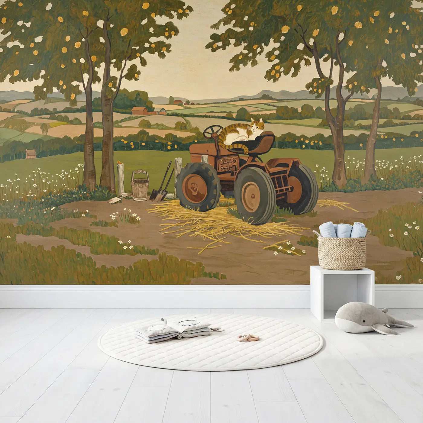 Cat Curled Warm Tractor Wallpaper Mural in playroom setting by Whimsy Tots