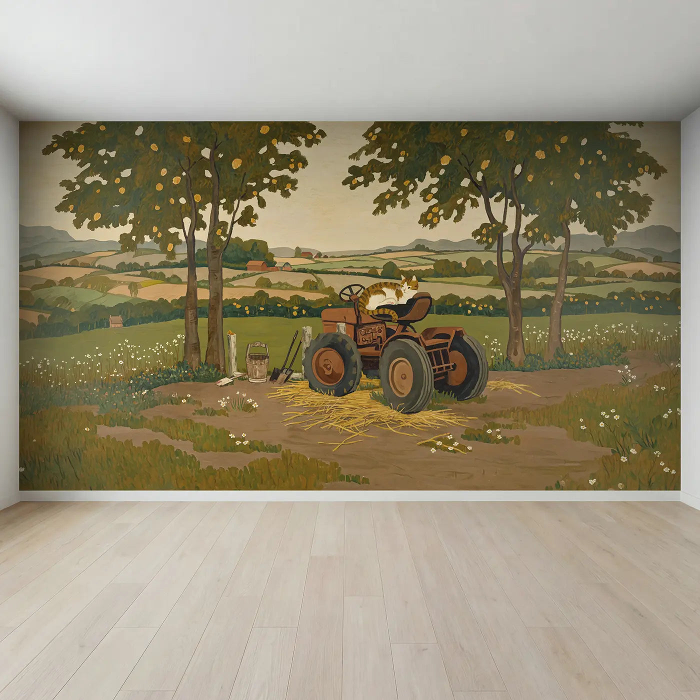 Full view of Cat Curled Warm Tractor Wallpaper Mural by Whimsy Tots