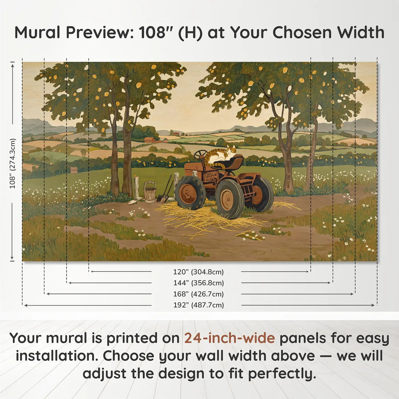 Panel layout and dimensions for Cat Curled Warm Tractor Wallpaper Mural by Whimsy Tots