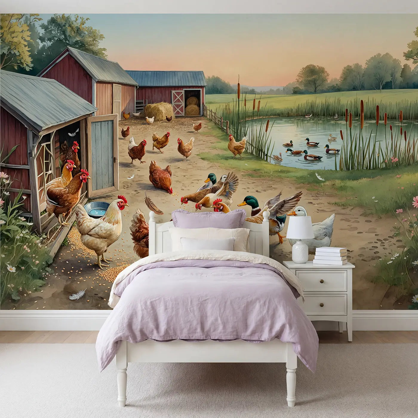 Watercolor chicken and duck wallpaper mural for girls room by Whimsy Tots