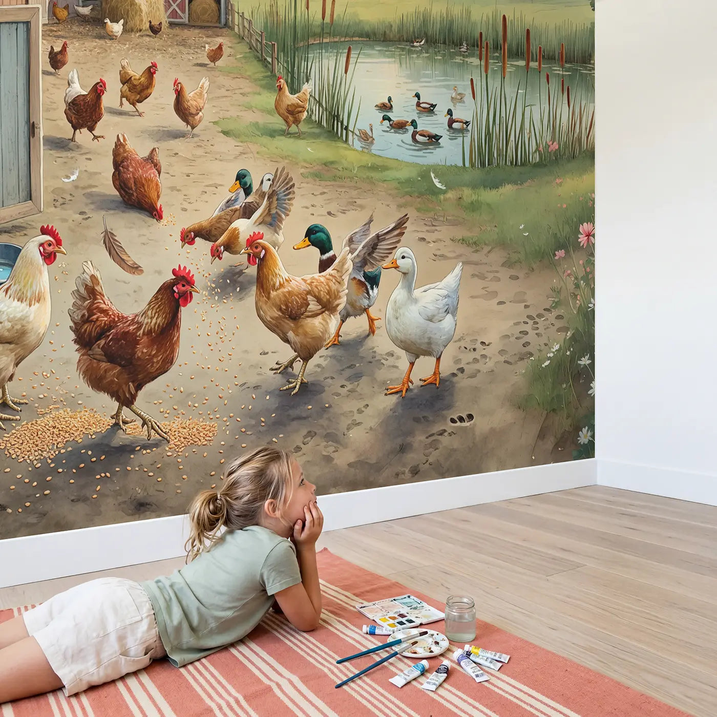 Child in nursery with Farmyard Morning Feed Scatter Wallpaper Mural by Whimsy Tots