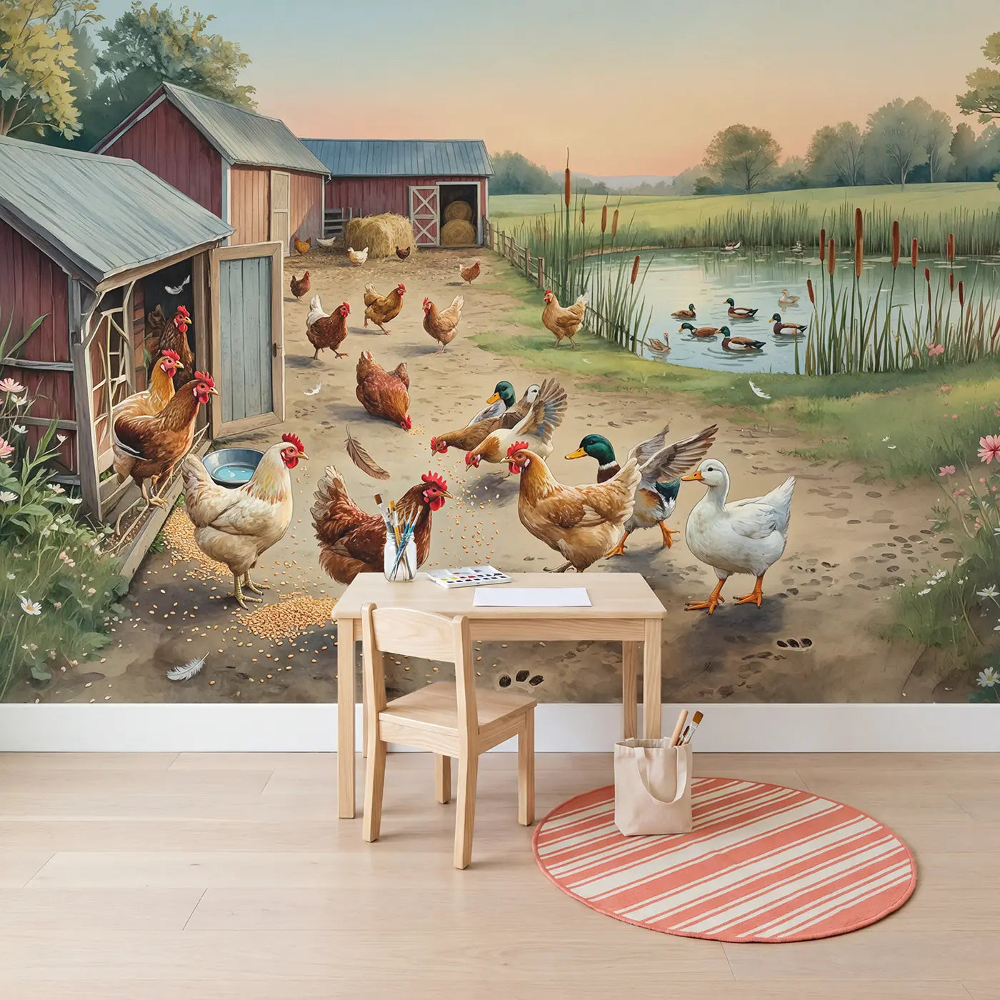 Farmyard Morning Feed Scatter Wallpaper Mural in playroom setting by Whimsy Tots