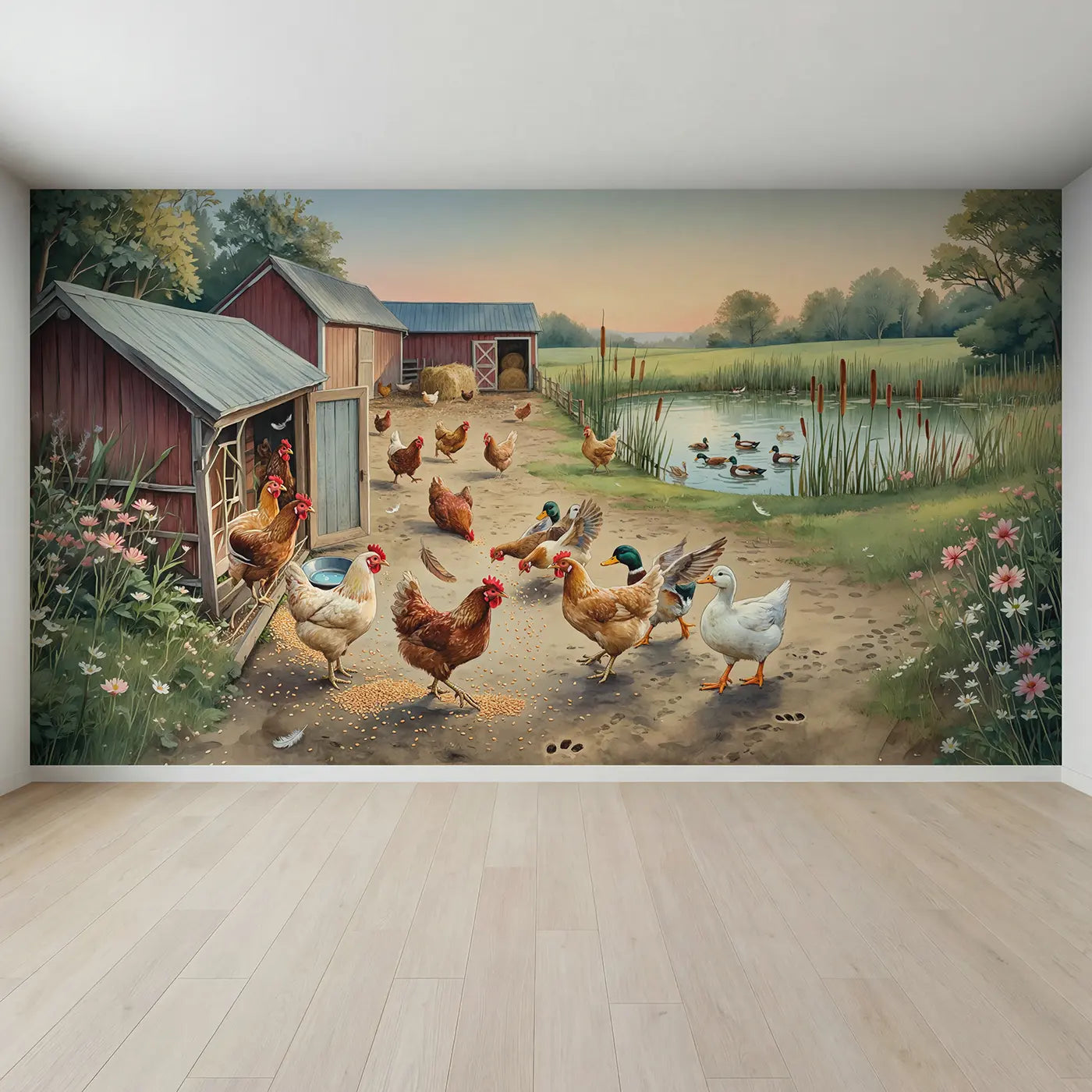 Full view of Farmyard Morning Feed Scatter Wallpaper Mural by Whimsy Tots