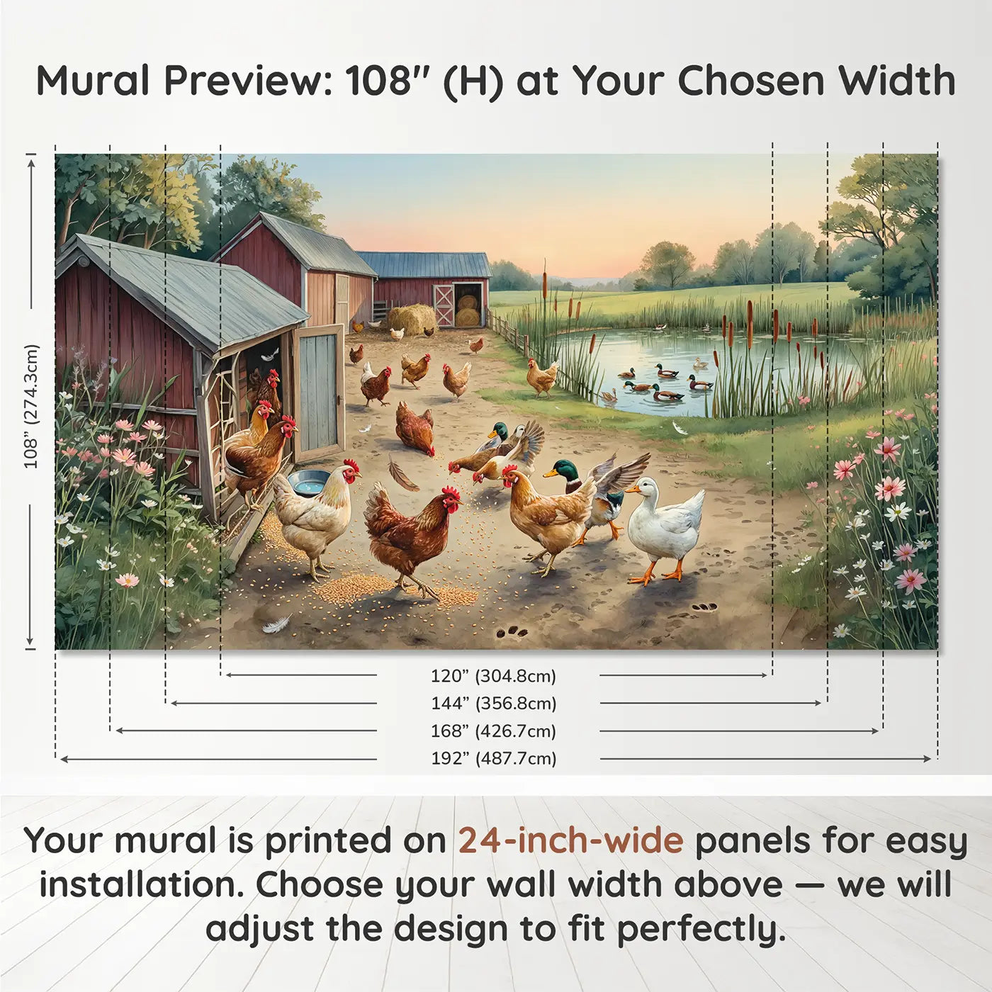 Panel layout and dimensions for Farmyard Morning Feed Scatter Wallpaper Mural by Whimsy Tots