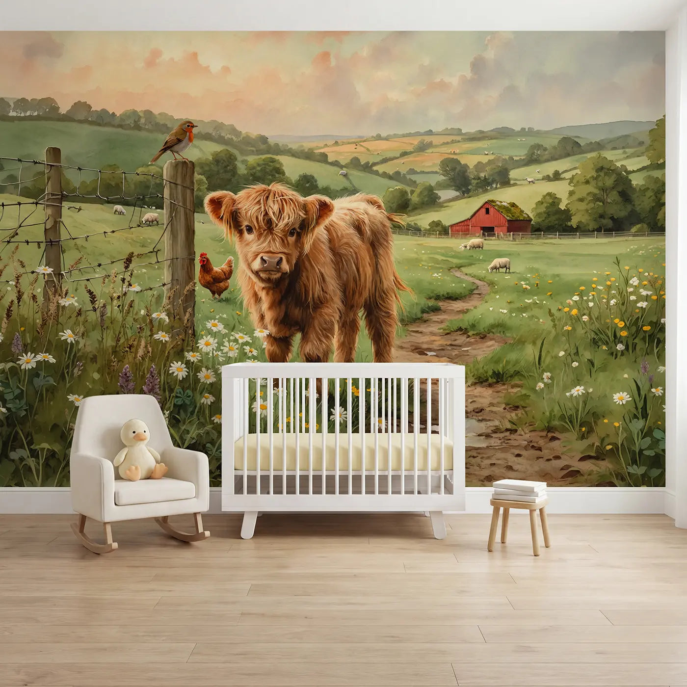 Watercolor highland cow and meadow countryside wallpaper mural for nursery by Whimsy Tots