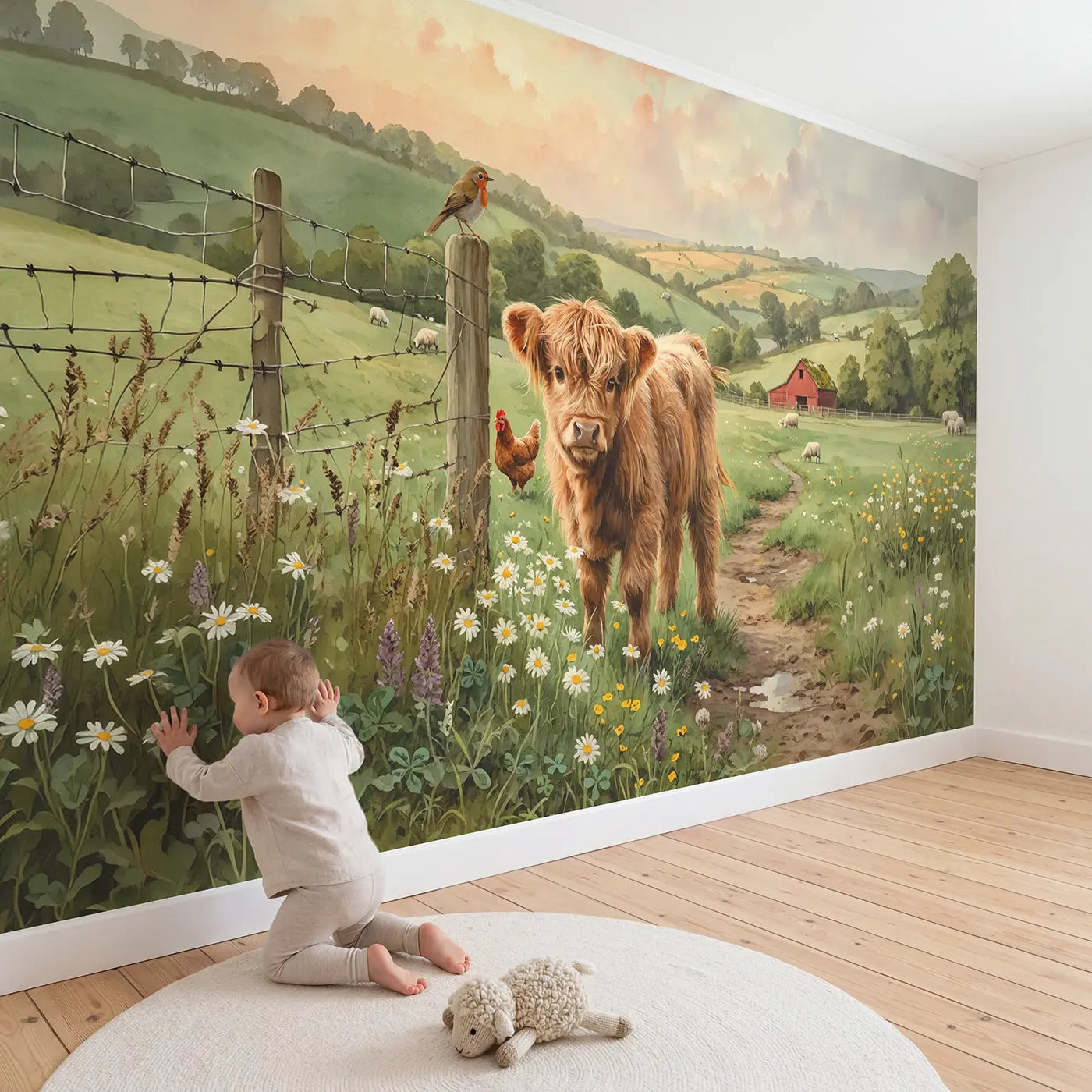 Child in nursery with Highland Calf Meadow Wallpaper Mural by Whimsy Tots