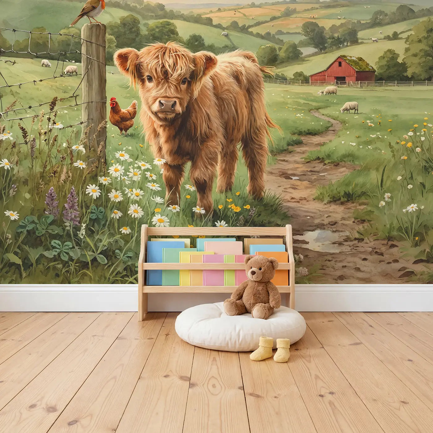 Highland Calf Meadow Wallpaper Mural in playroom setting by Whimsy Tots
