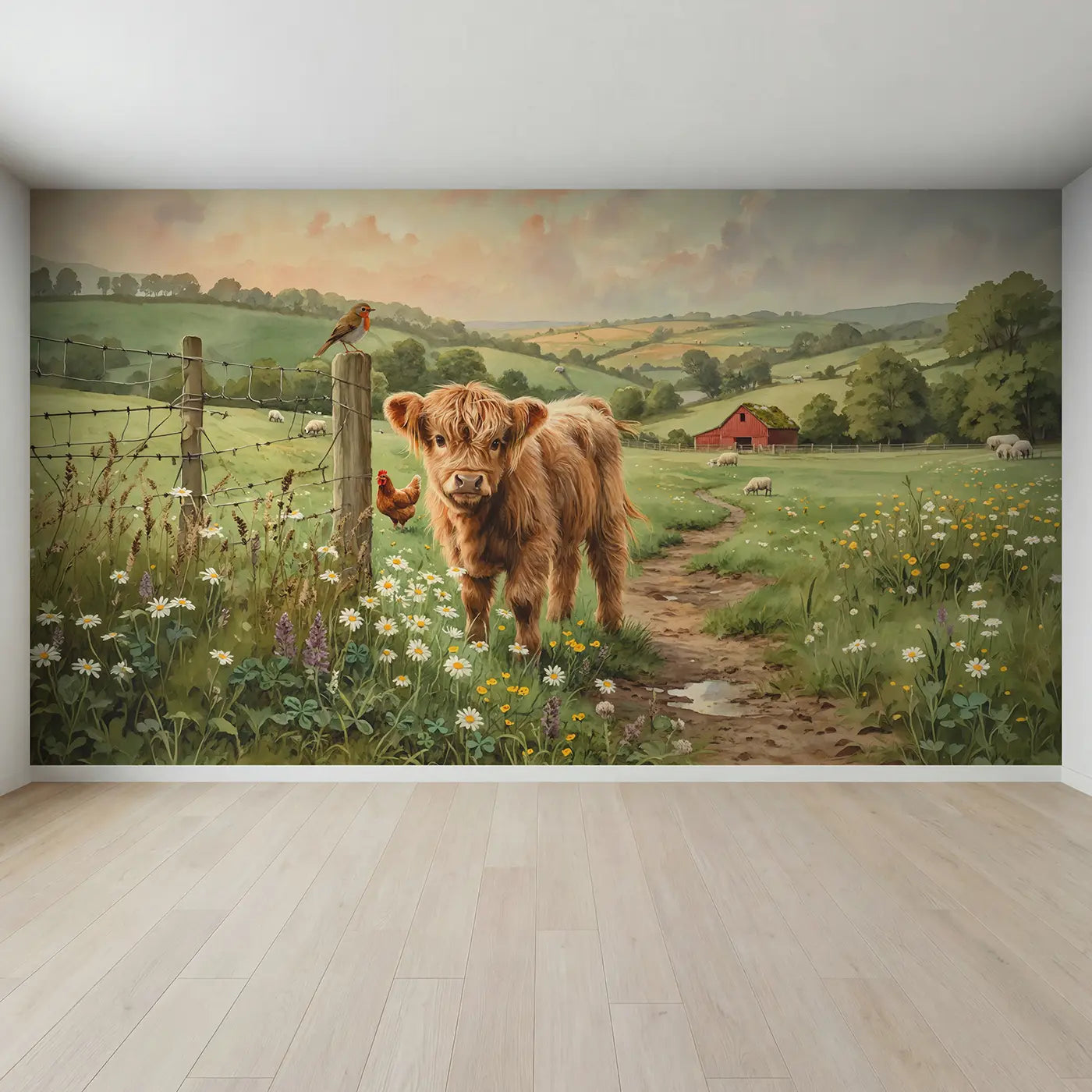 Full view of Highland Calf Meadow Wallpaper Mural by Whimsy Tots