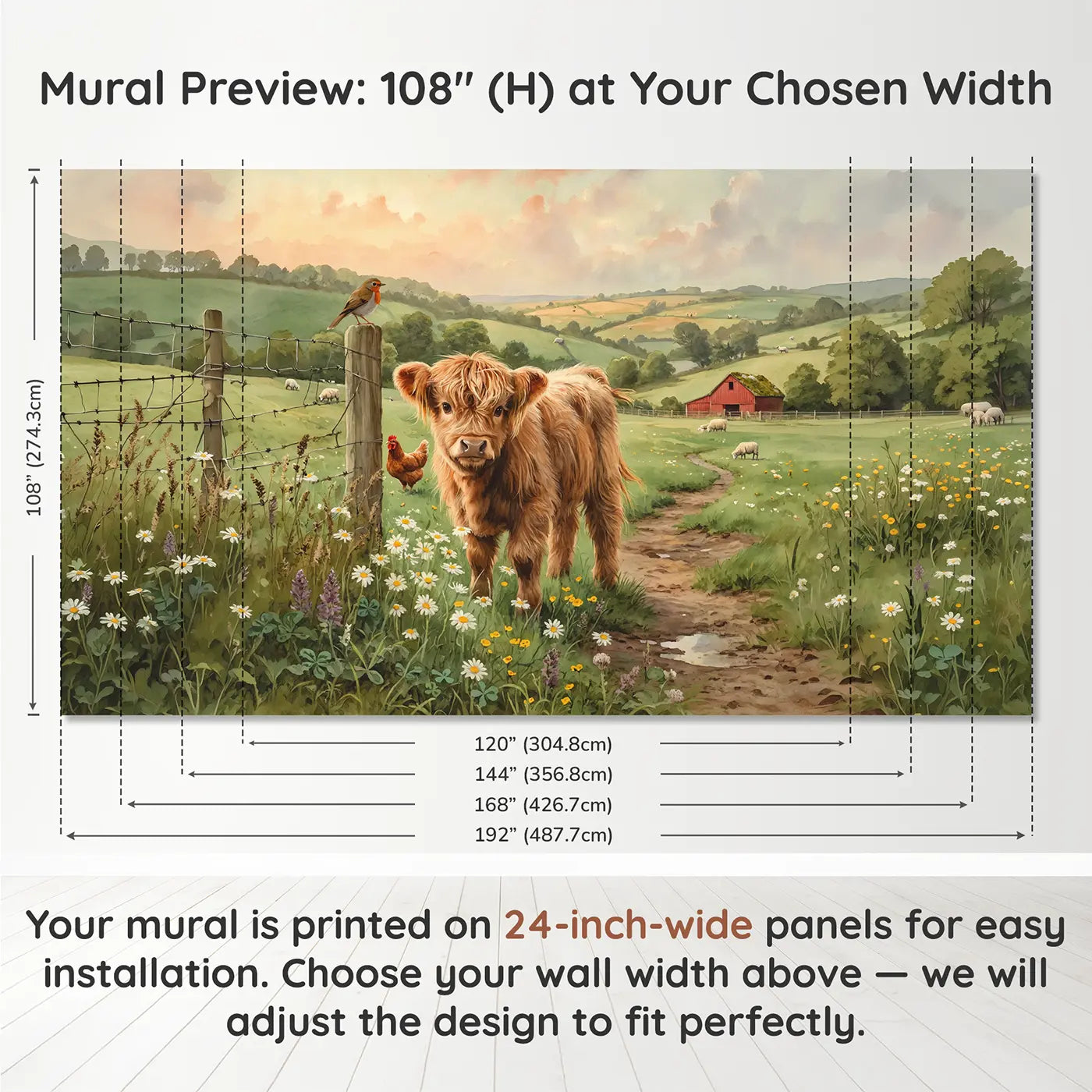 Panel layout and dimensions for Highland Calf Meadow Wallpaper Mural by Whimsy Tots