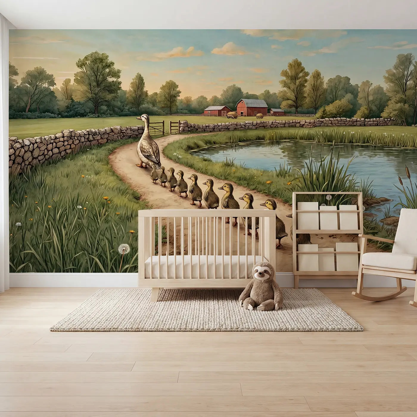 storybook duck family farm parade wallpaper mural for kids room by Whimsy Tots