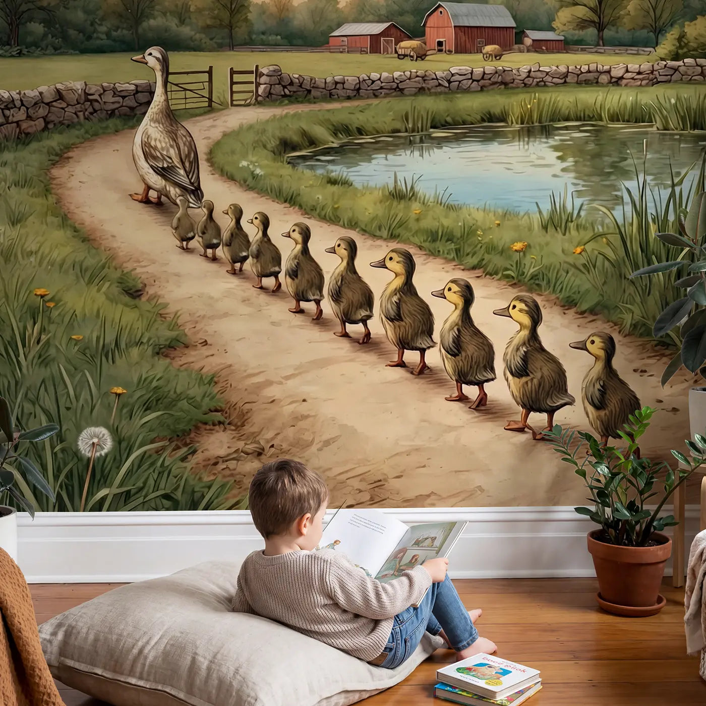 Child in nursery with Duck Family Farm Parade Wallpaper Mural by Whimsy Tots