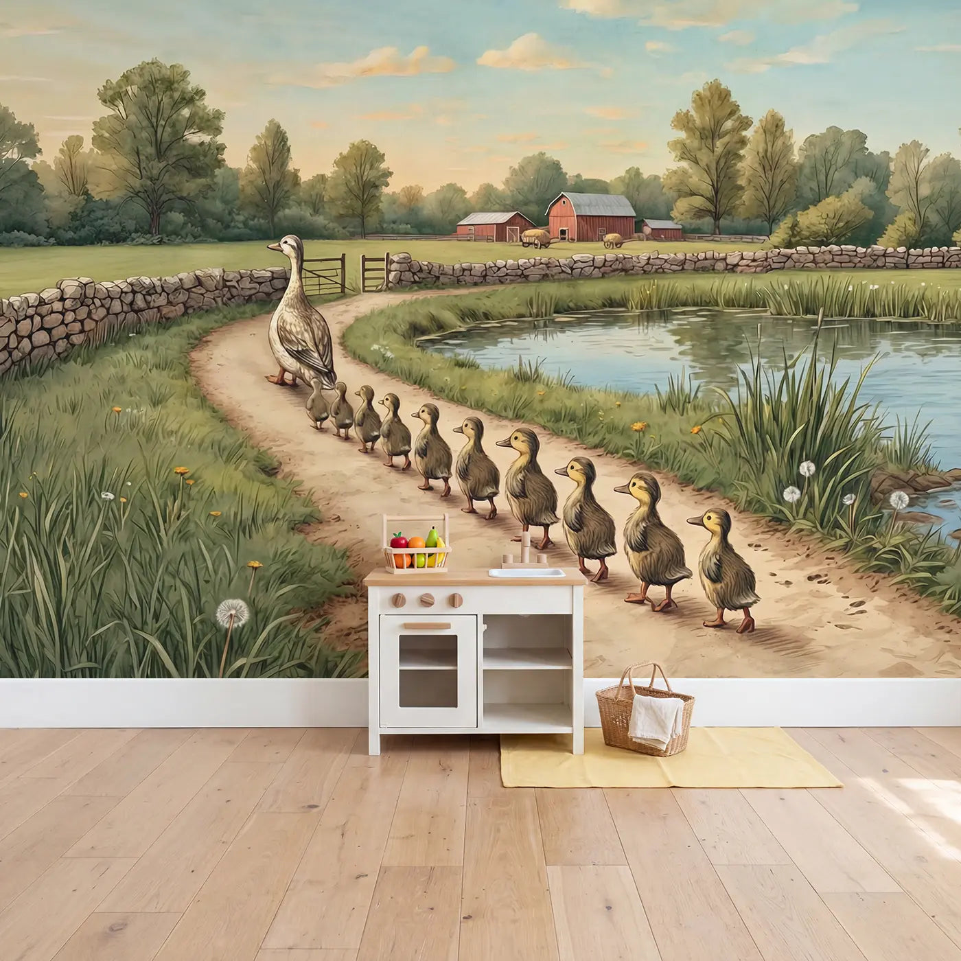 Duck Family Farm Parade Wallpaper Mural in playroom setting by Whimsy Tots