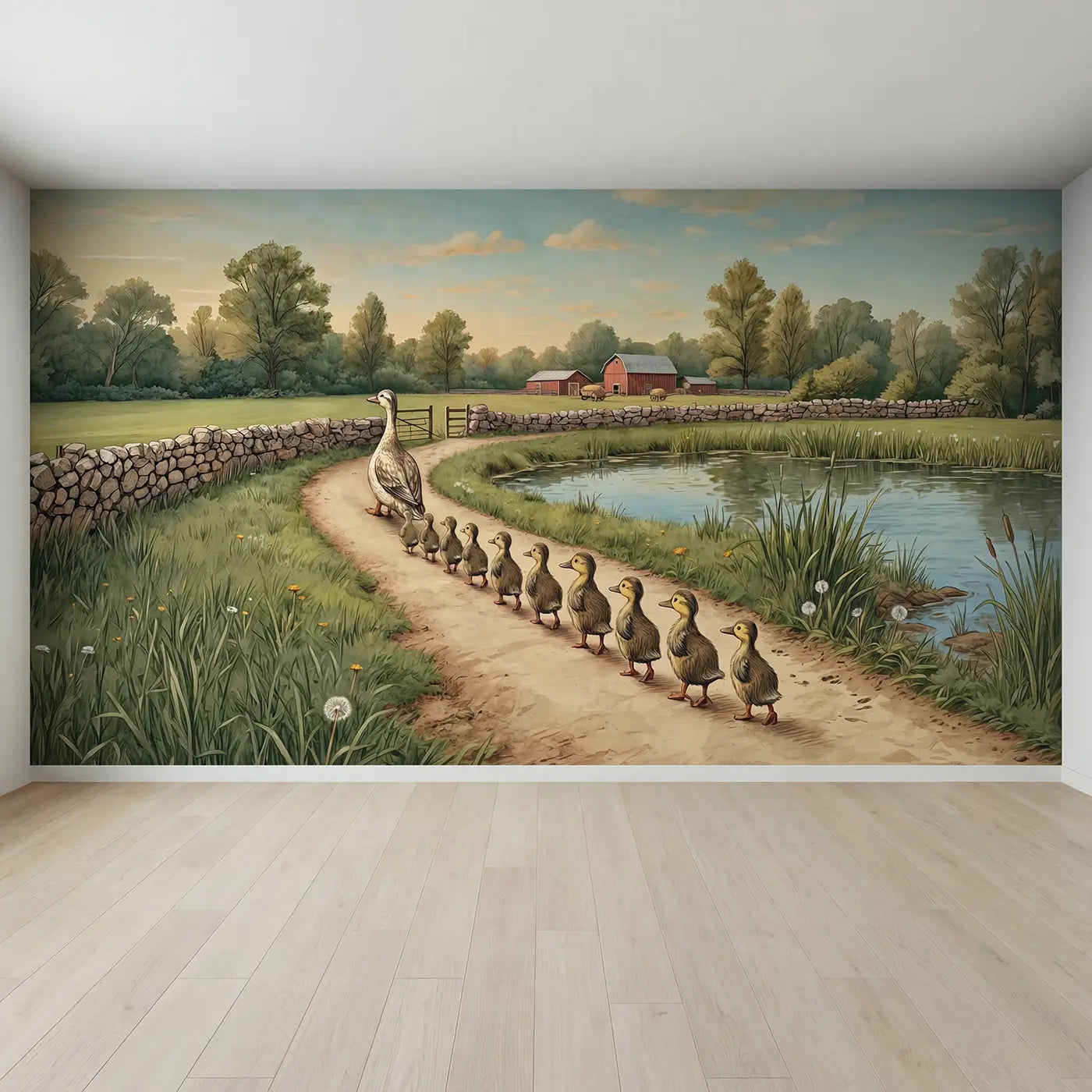 Full view of Duck Family Farm Parade Wallpaper Mural by Whimsy Tots