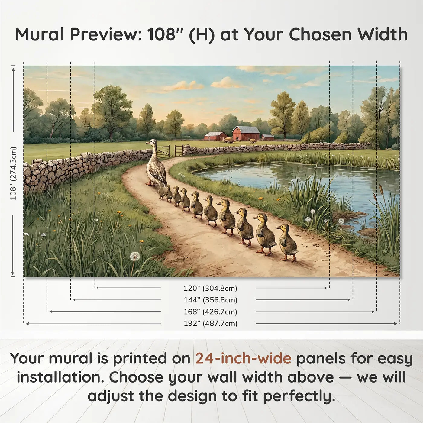 Panel layout and dimensions for Duck Family Farm Parade Wallpaper Mural by Whimsy Tots