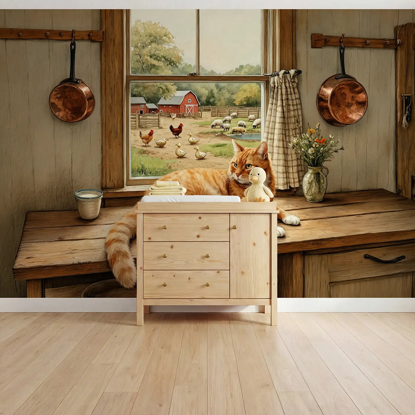 Storybook farmhouse window cat barnyard wallpaper mural for kids room by Whimsy Tots