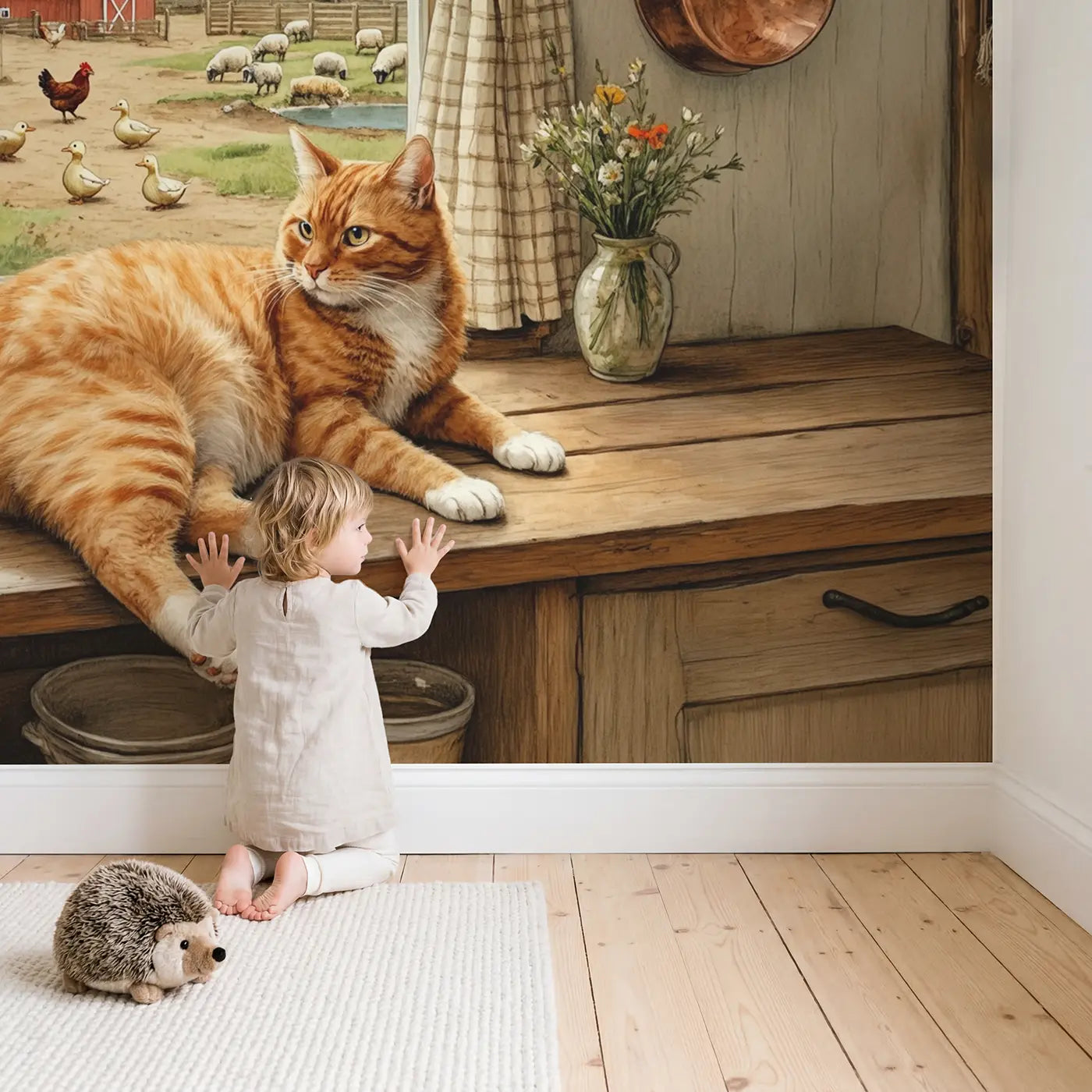 Child in nursery with Farmhouse Window Cat Wallpaper Mural by Whimsy Tots