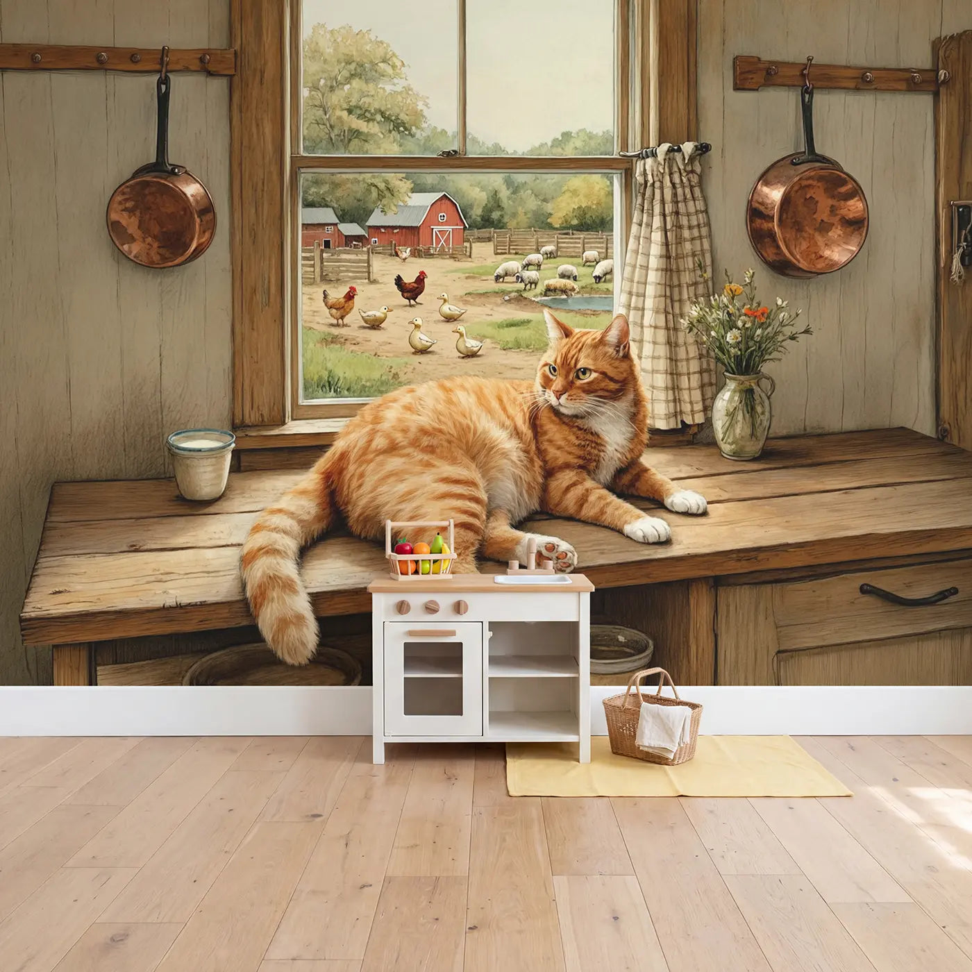 Farmhouse Window Cat Wallpaper Mural in playroom setting by Whimsy Tots