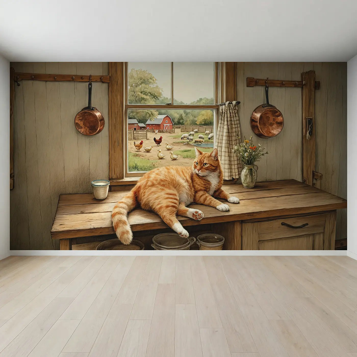 Full view of Farmhouse Window Cat Wallpaper Mural by Whimsy Tots