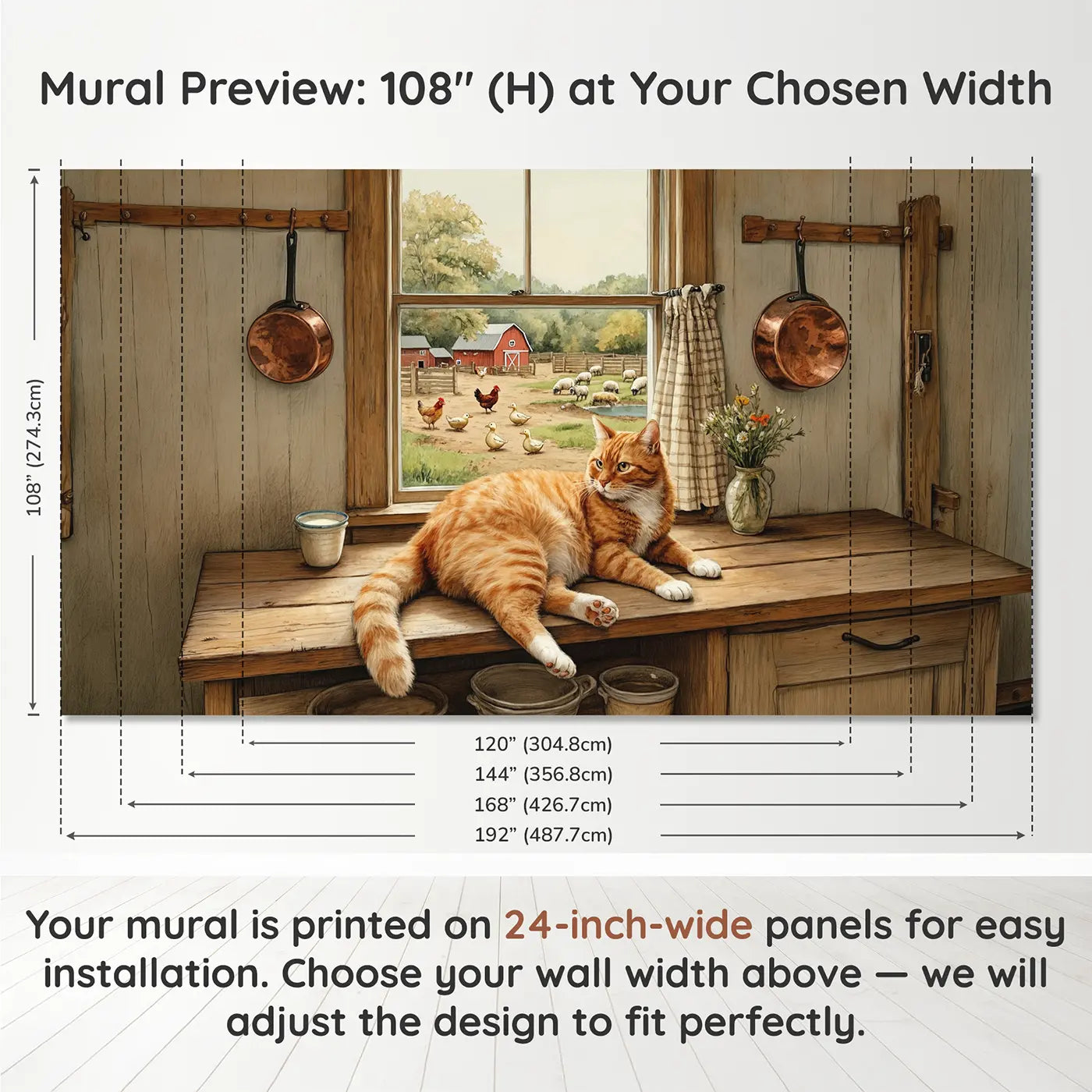 Panel layout and dimensions for Farmhouse Window Cat Wallpaper Mural by Whimsy Tots