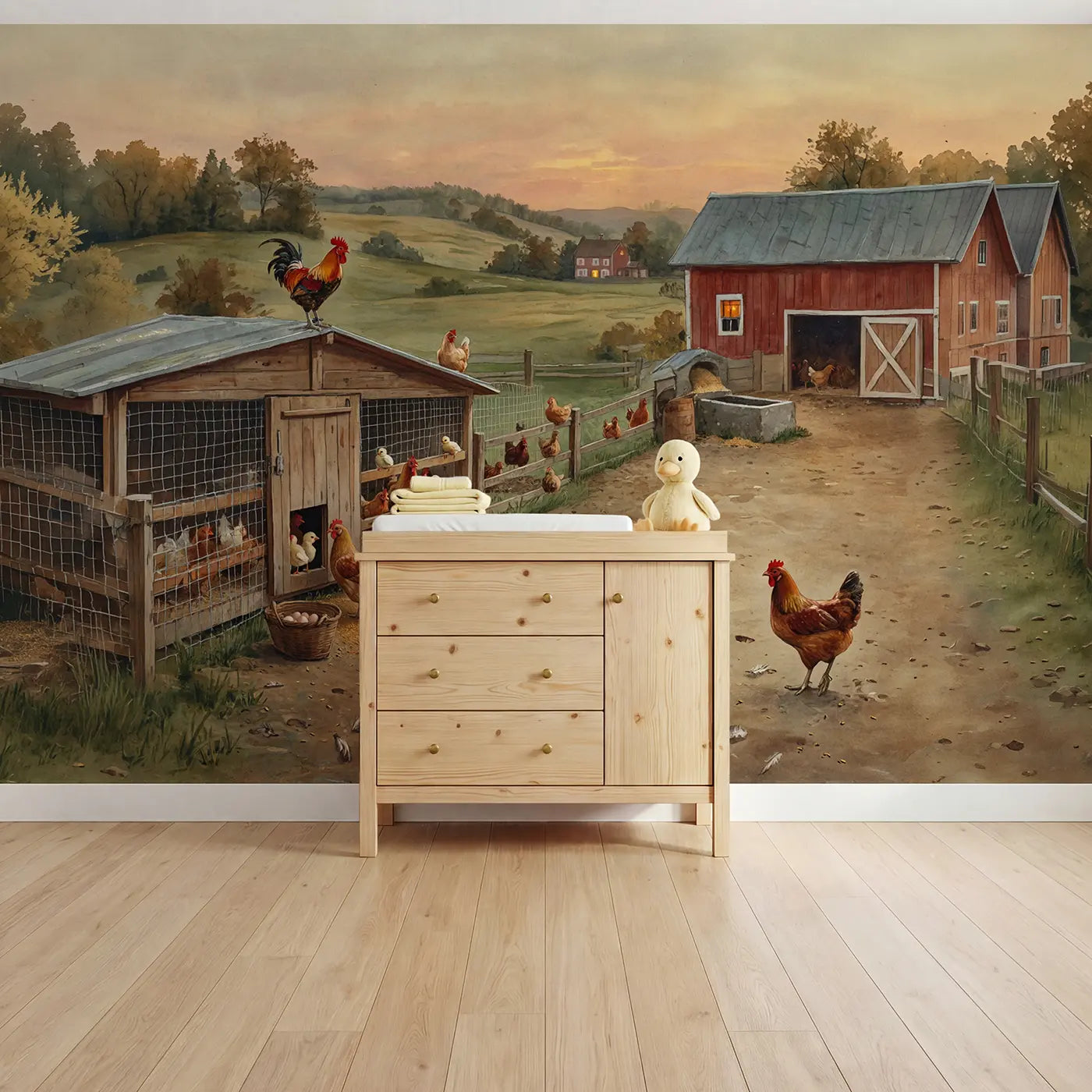 watercolor chickens coop farmyard sunset wallpaper mural for kids room by Whimsy Tots