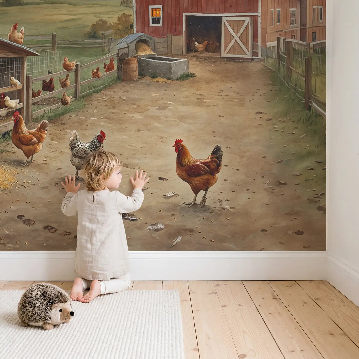 Child in nursery with Chicken Coop Evening Return Wallpaper Mural by Whimsy Tots