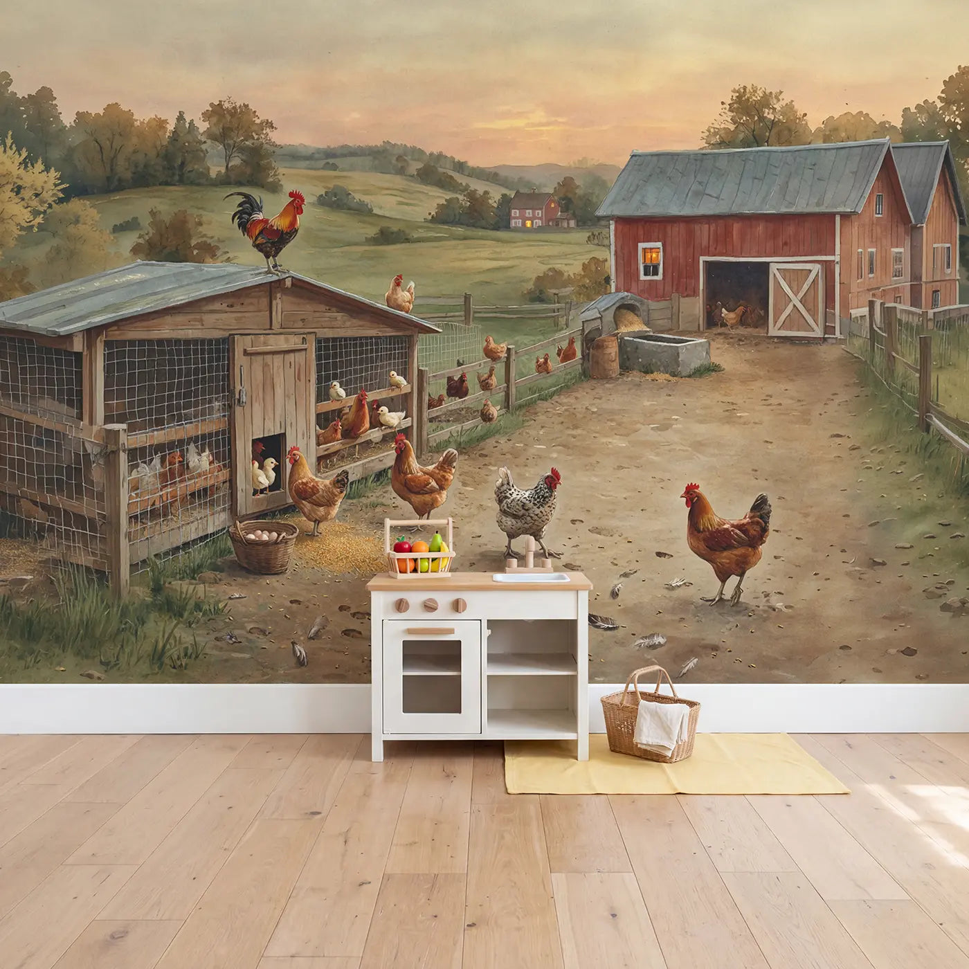 Chicken Coop Evening Return Wallpaper Mural in playroom setting by Whimsy Tots