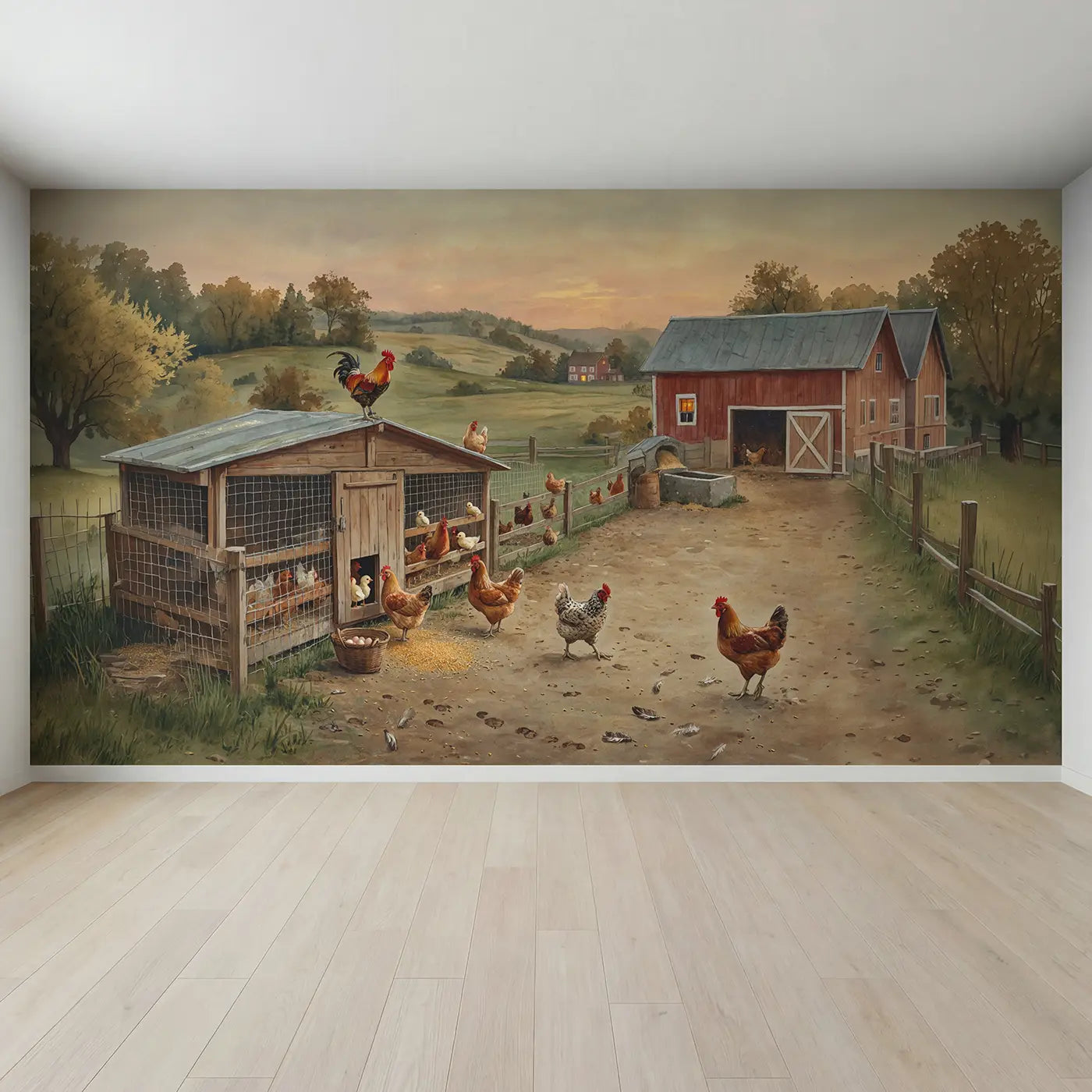 Full view of Chicken Coop Evening Return Wallpaper Mural by Whimsy Tots