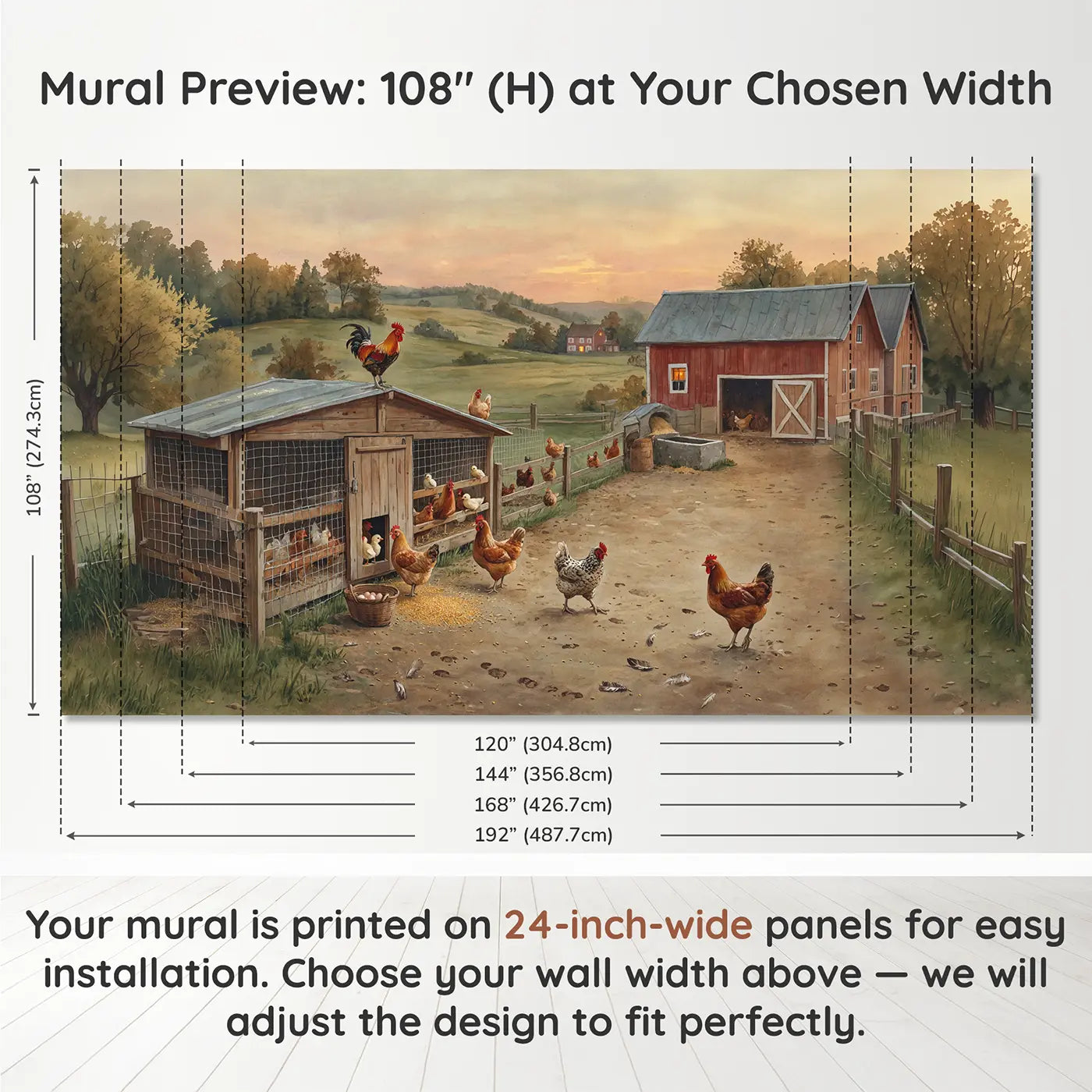 Panel layout and dimensions for Chicken Coop Evening Return Wallpaper Mural by Whimsy Tots