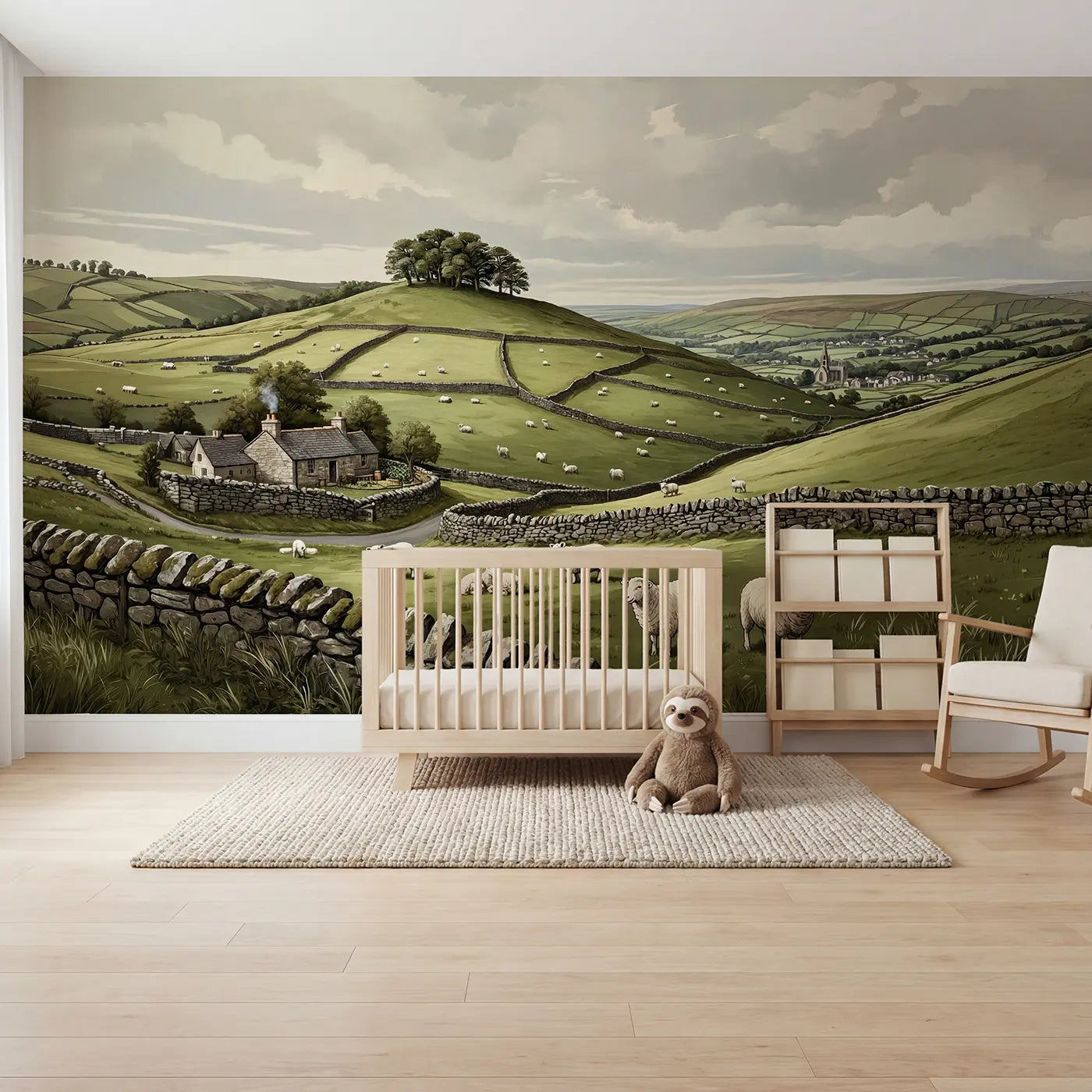 Block print pastoral sheep hillside windmill wallpaper mural for nursery by Whimsy Tots