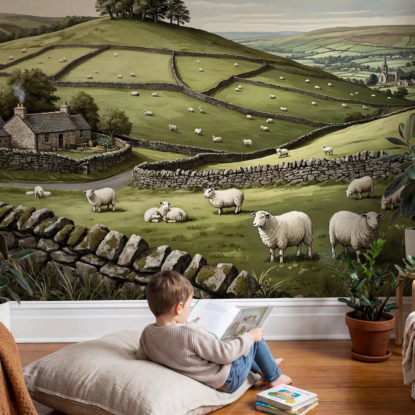 Child in nursery with Pastoral Sheep Hillside Wallpaper Mural by Whimsy Tots