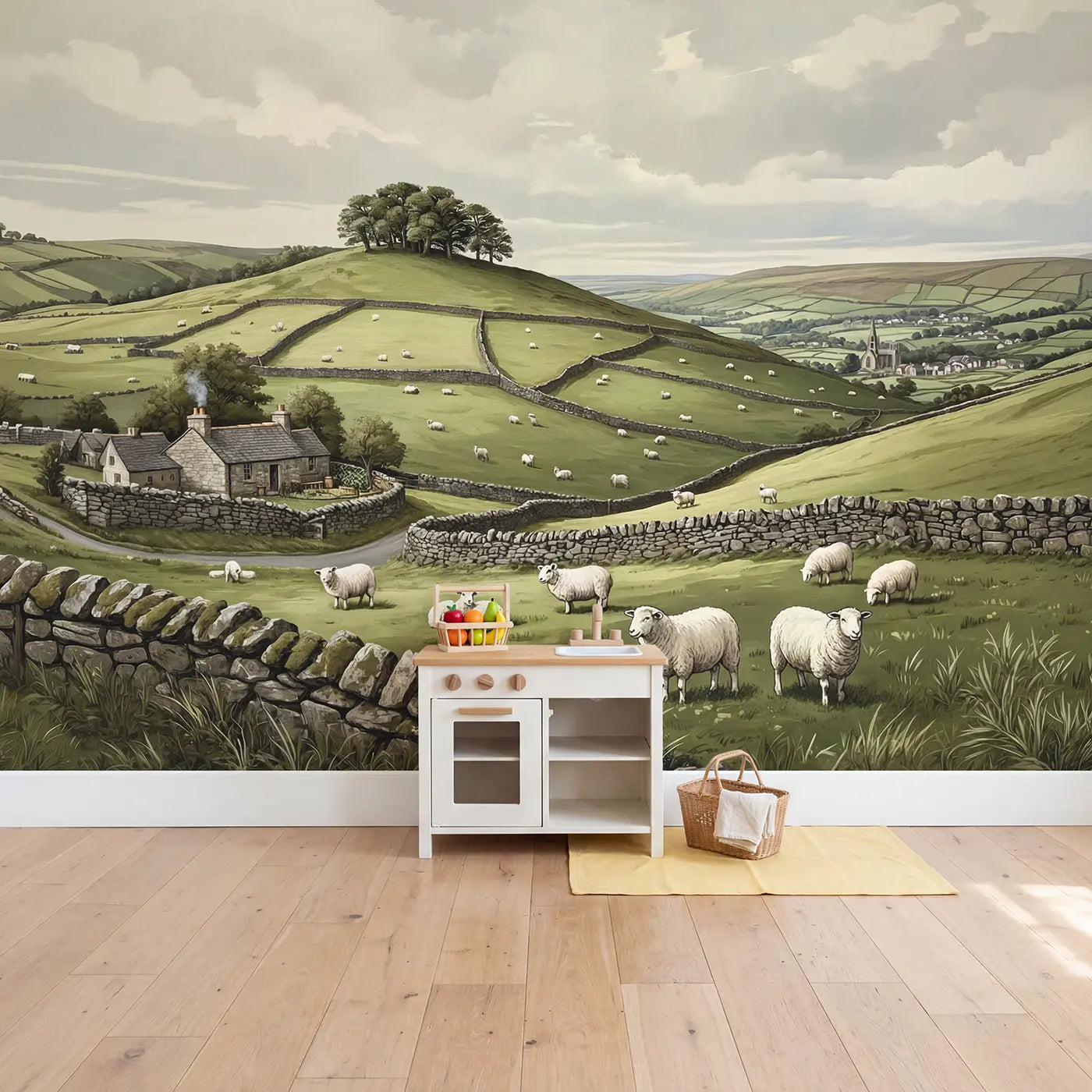 Pastoral Sheep Hillside Wallpaper Mural in playroom setting by Whimsy Tots