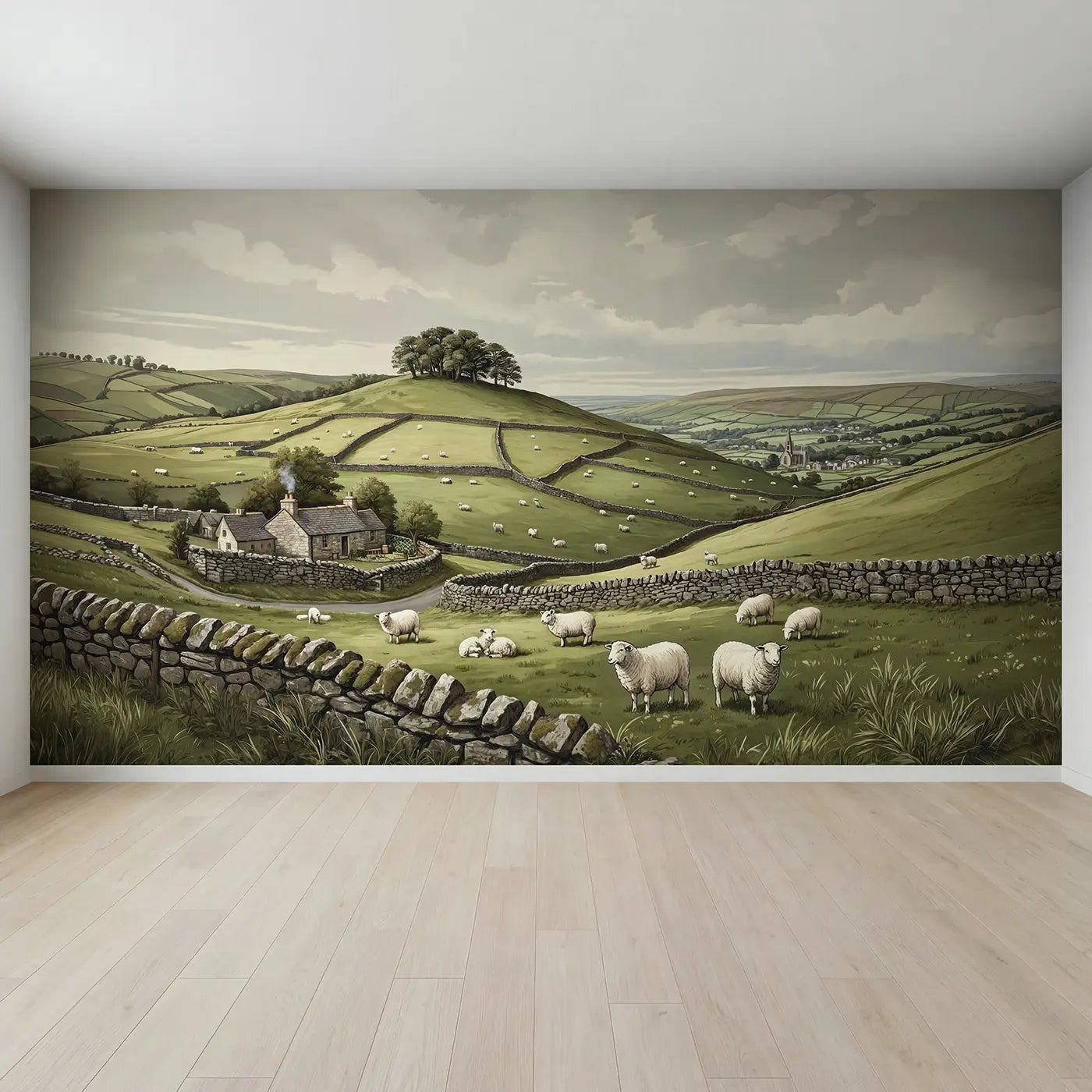 Full view of Pastoral Sheep Hillside Wallpaper Mural by Whimsy Tots